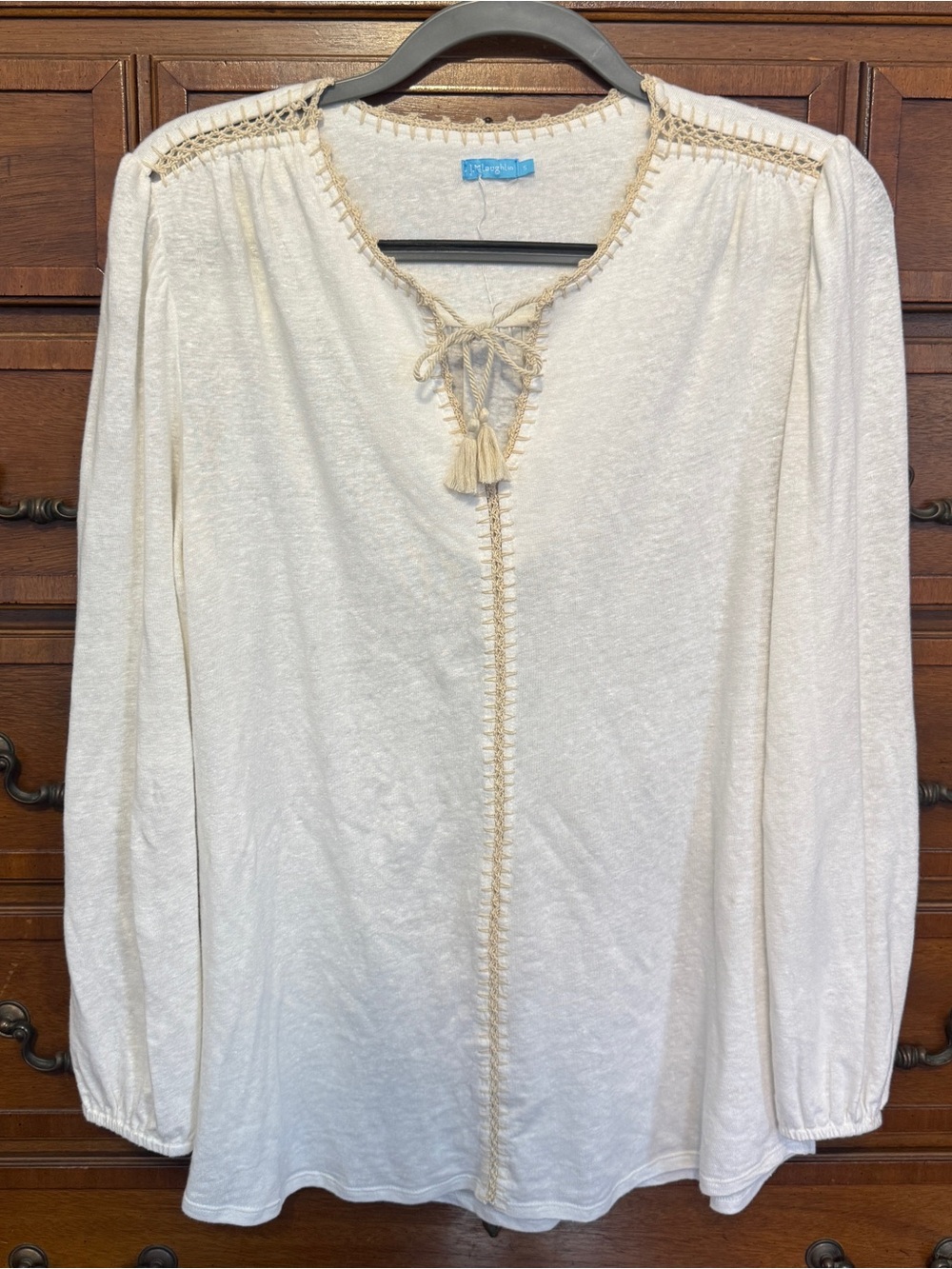 J McLaughlin Linen Crochet Tassel Peasant Top S White Boho Coastal Resort